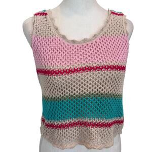 Z Supply Tan, Aqua, Pink Crochet Sweater Tank Top Boho Womens Size Medium